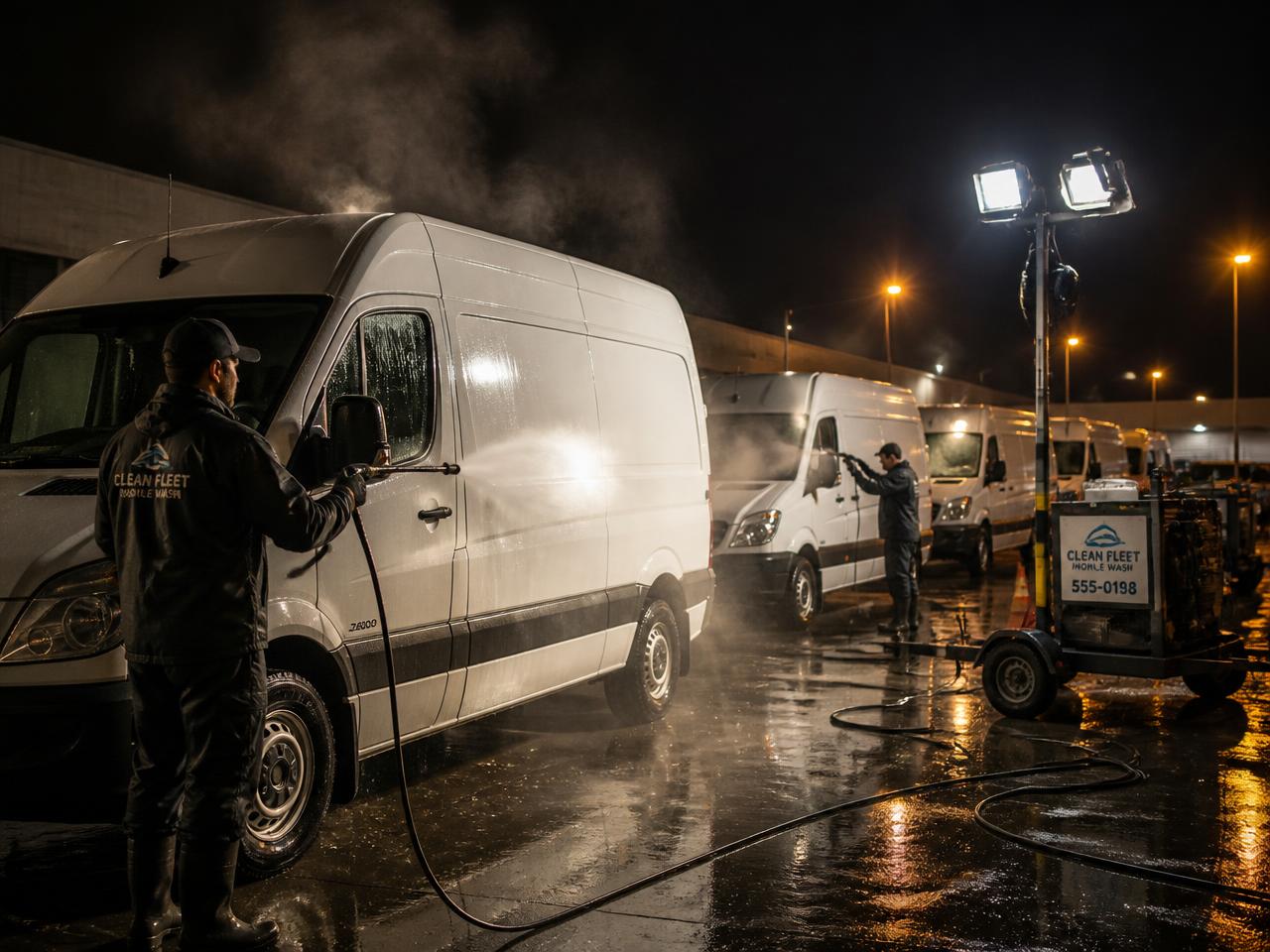 Night fleet washing of commercial delivery vans under work lights at a distribution yard