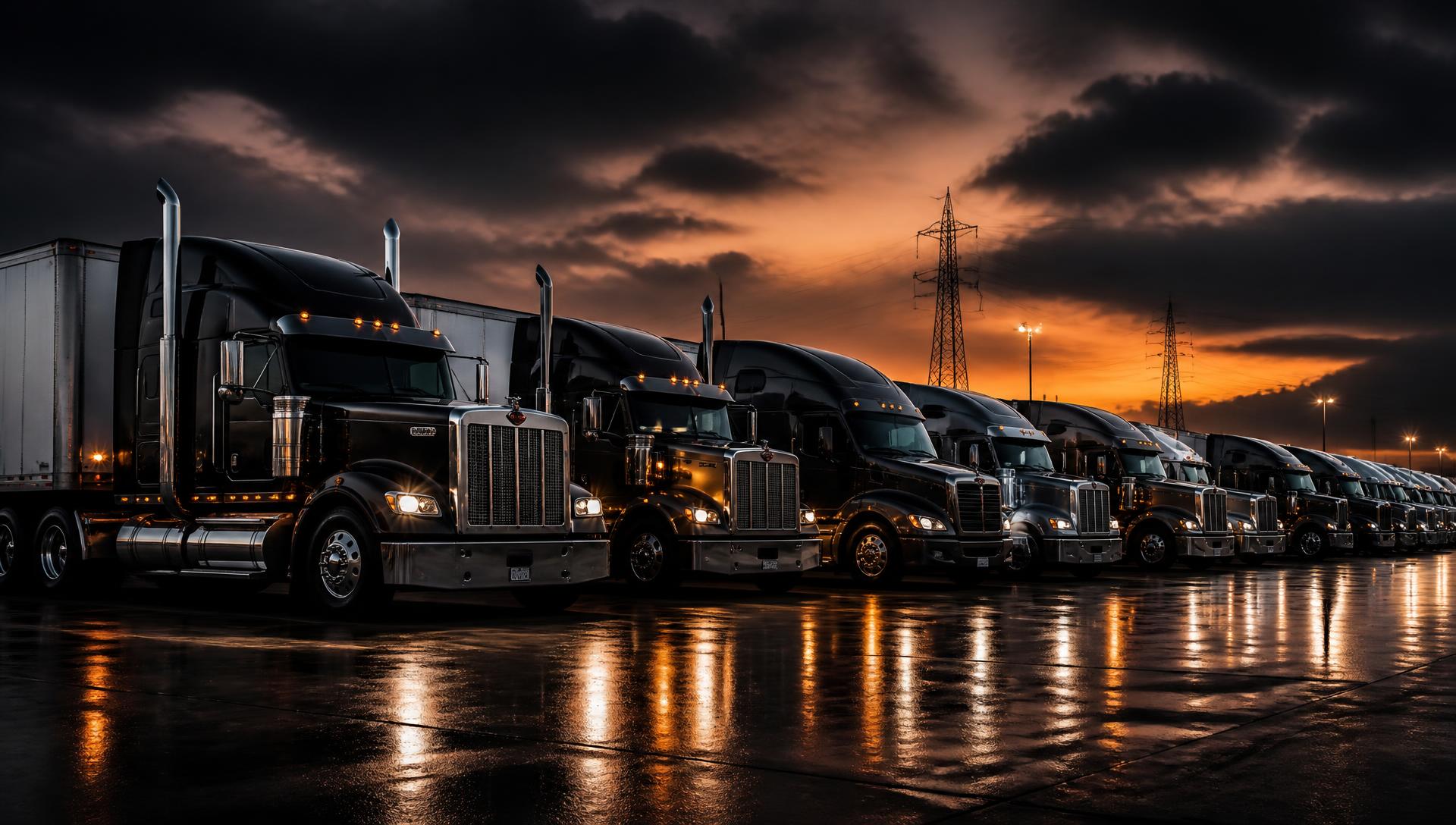 Row of clean commercial tractor trailers parked in a fleet yard at dusk