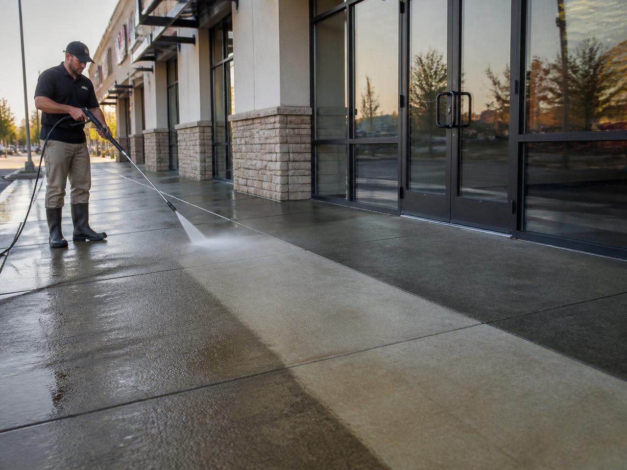 Technician pressure washing the concrete sidewalk at a commercial plaza storefront entrance